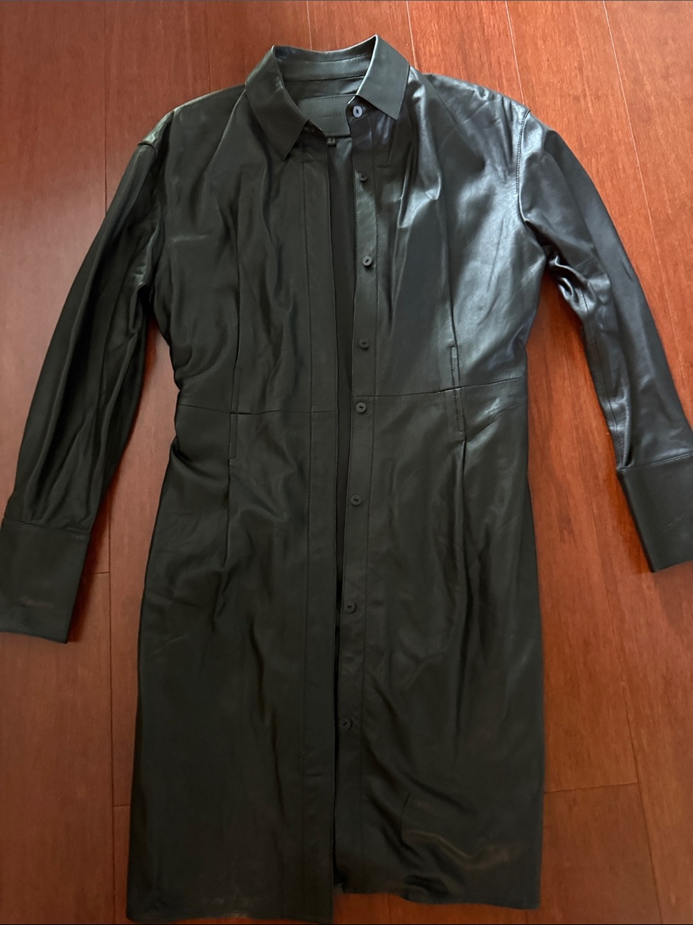 Black soft Lether Long Button-Up Shirt Dress